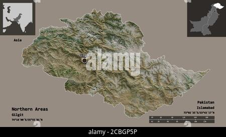 Shape of Northern Areas, centrally administered area of Pakistan, and its capital. Distance scale, previews and labels. Satellite imagery. 3D renderin Stock Photo