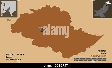 Shape of Northern Areas, centrally administered area of Pakistan, and its capital. Distance scale, previews and labels. Composition of regularly patte Stock Photo