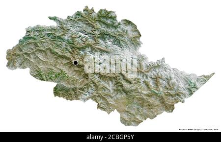 Shape of Northern Areas, centrally administered area of Pakistan, with its capital isolated on white background. Satellite imagery. 3D rendering Stock Photo