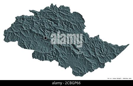 Shape of Northern Areas, centrally administered area of Pakistan, with its capital isolated on white background. Colored elevation map. 3D rendering Stock Photo