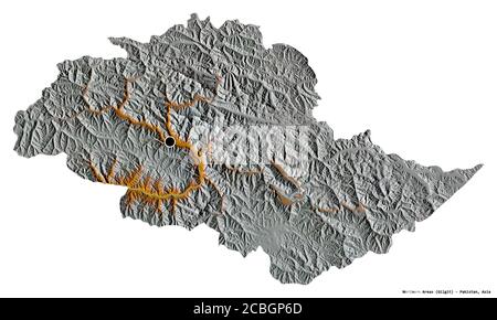 Shape of Northern Areas, centrally administered area of Pakistan, with its capital isolated on white background. Topographic relief map. 3D rendering Stock Photo