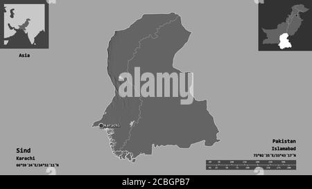 Shape of Sind, province of Pakistan, and its capital. Distance scale, previews and labels. Bilevel elevation map. 3D rendering Stock Photo