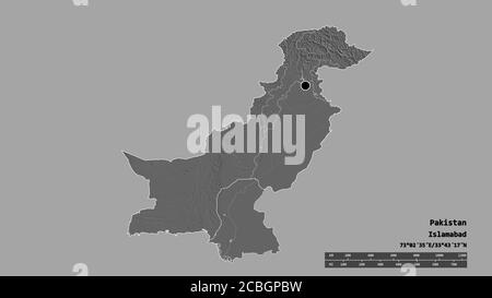 Desaturated shape of Pakistan with its capital, main regional division and the separated Sind area. Labels. Bilevel elevation map. 3D rendering Stock Photo