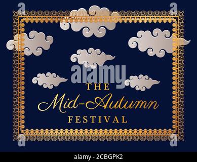 Mid autumn festival with clouds and gold frame design, Oriental chinese and celebration theme Vector illustration