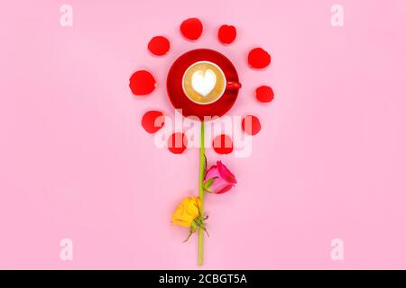 Spring floral background. Beautiful flowers. Cup of coffee with flower petals on a pink background. Flat lay cup of coffee. Floral background with copy space for text. Stock Photo