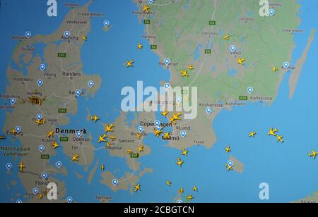 aerial traffic over Denmark and Sweden (11 august 2020, UTC 12.12) on Internet with Flightradar 24 site, during the Coronavirus Pandemic Stock Photo