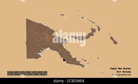 Desaturated shape of Papua New Guinea with its capital, main regional division and the separated Jiwaka area. Labels. Composition of regularly pattern Stock Photo