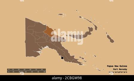 Desaturated shape of Papua New Guinea with its capital, main regional division and the separated Madang area. Labels. Composition of regularly pattern Stock Photo