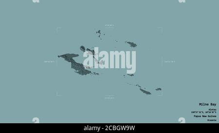 Area of Milne Bay, province of Papua New Guinea, isolated on a solid background in a georeferenced bounding box. Labels. Colored elevation map. 3D ren Stock Photo