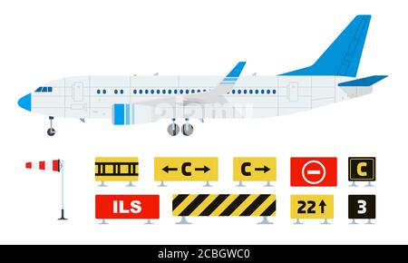 Set of warning prohibiting road signs and airplane vector flat icon isolated Stock Vector