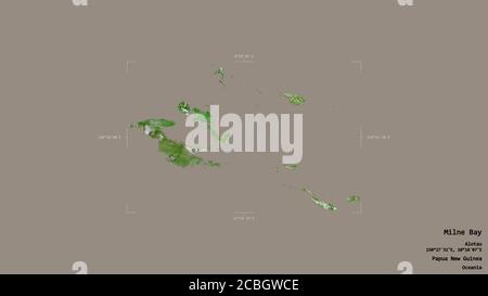 Area of Milne Bay, province of Papua New Guinea, isolated on a solid background in a georeferenced bounding box. Labels. Satellite imagery. 3D renderi Stock Photo