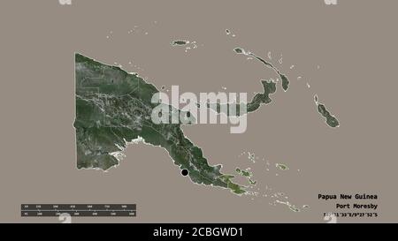 Desaturated shape of Papua New Guinea with its capital, main regional division and the separated Milne Bay area. Labels. Satellite imagery. 3D renderi Stock Photo