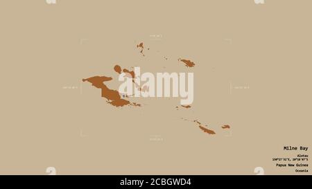 Area of Milne Bay, province of Papua New Guinea, isolated on a solid background in a georeferenced bounding box. Labels. Composition of patterned text Stock Photo