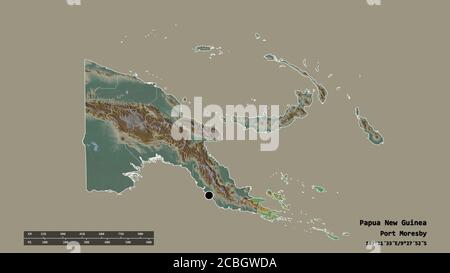 Desaturated shape of Papua New Guinea with its capital, main regional division and the separated Milne Bay area. Labels. Topographic relief map. 3D re Stock Photo