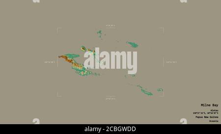 Area of Milne Bay, province of Papua New Guinea, isolated on a solid background in a georeferenced bounding box. Labels. Topographic relief map. 3D re Stock Photo