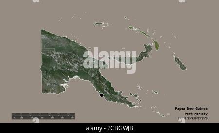 Desaturated shape of Papua New Guinea with its capital, main regional division and the separated New Ireland area. Labels. Satellite imagery. 3D rende Stock Photo