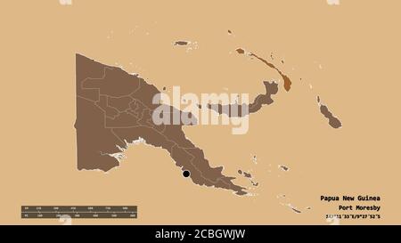 Desaturated shape of Papua New Guinea with its capital, main regional division and the separated New Ireland area. Labels. Composition of regularly pa Stock Photo