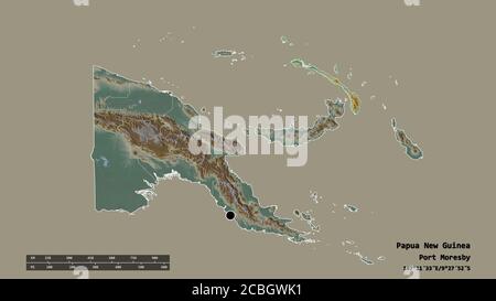 Desaturated shape of Papua New Guinea with its capital, main regional division and the separated New Ireland area. Labels. Topographic relief map. 3D Stock Photo