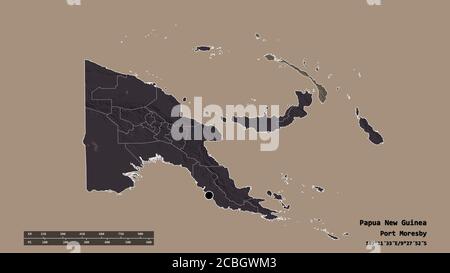 Desaturated shape of Papua New Guinea with its capital, main regional division and the separated New Ireland area. Labels. Colored elevation map. 3D r Stock Photo