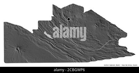 Shape of Southern Highlands, province of Papua New Guinea, with its capital isolated on white background. Bilevel elevation map. 3D rendering Stock Photo