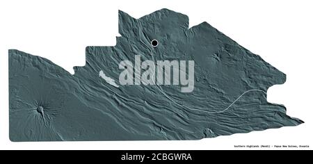 Shape of Southern Highlands, province of Papua New Guinea, with its capital isolated on white background. Colored elevation map. 3D rendering Stock Photo