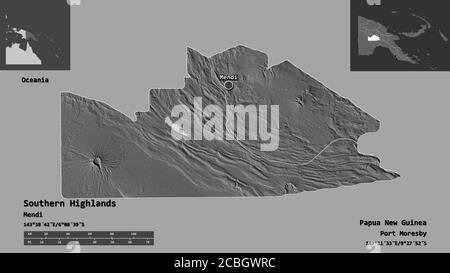 Shape of Southern Highlands, province of Papua New Guinea, and its capital. Distance scale, previews and labels. Bilevel elevation map. 3D rendering Stock Photo