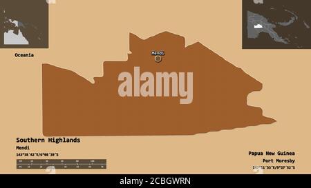 Shape of Southern Highlands, province of Papua New Guinea, and its capital. Distance scale, previews and labels. Composition of regularly patterned te Stock Photo