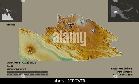 Shape of Southern Highlands, province of Papua New Guinea, and its capital. Distance scale, previews and labels. Topographic relief map. 3D rendering Stock Photo