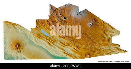 Shape of Southern Highlands, province of Papua New Guinea, with its capital isolated on white background. Topographic relief map. 3D rendering Stock Photo