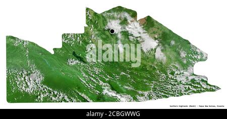 Shape of Southern Highlands, province of Papua New Guinea, with its capital isolated on white background. Satellite imagery. 3D rendering Stock Photo