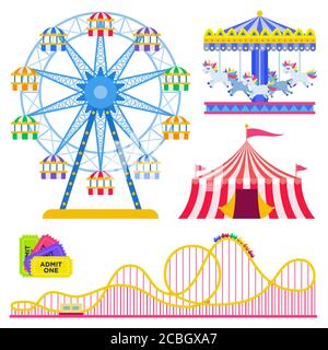 Set of colorful rides and circus tent in an amusement park vector illustration in flat design Stock Vector