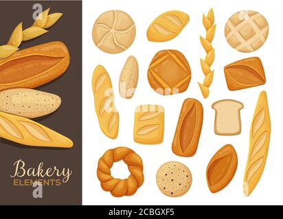 Set of various sorts of fresh bread isolated on white. Bakery products poster. Vector illustration. Stock Vector