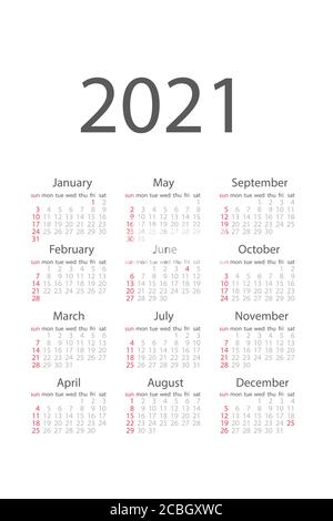 2021 monthly calendar template isolated white color Stock Vector