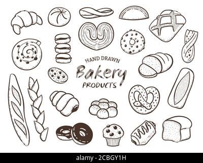 Hand drawn breads and bakery goods set. Outlined design elements isolated on white. Vector illustration. Stock Vector