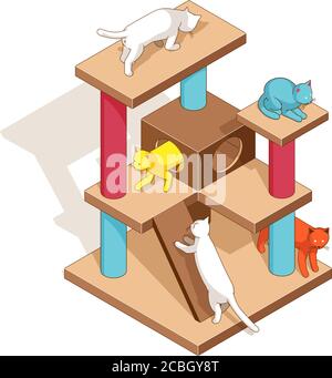 Cats playground isometric. Kittens on cat tower. Stock Vector