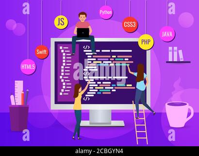 Team writes code programming for website. Concept for web page, banner, social media. Vector illustration on purple background. programming language. Stock Vector