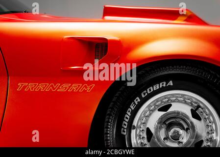 Izmir, Turkey - July 11, 2020: Close up detail of the fenders grill of the 1974 Brand Trans am car Stock Photo