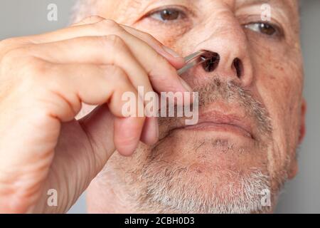 Unshaved senior man pucking nose hair with tweezers. Close up image. Stock Photo