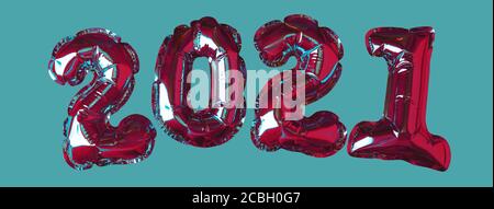 Red Christmas Balls 2021. On the green background. New Year concept. Party decoration, anniversary sign for holidays, celebration, carnival. Banner Stock Photo