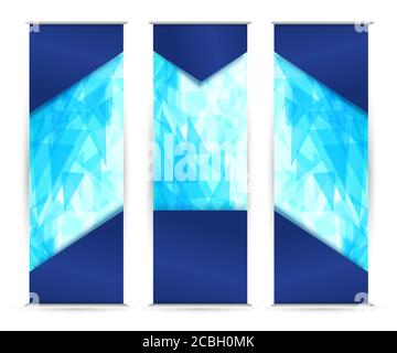 Light blue roll up with bright background of chaotically moving triangles. Modern dynamic background for your project.  Vector illustration. Stock Vector