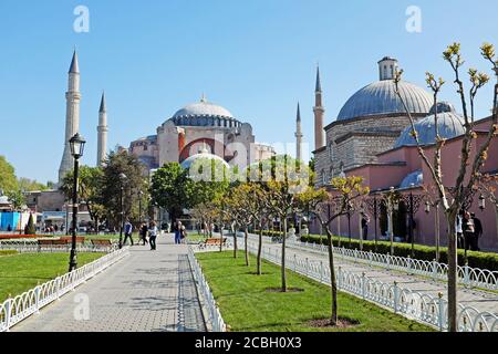 Walkway leading to the Hagia Sophia, a historic church turned museum turned mosque, located in Istanbul, Turkey. Stock Photo