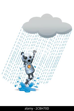 illustration 3d of little robot dancing in the rain on isolated white background Stock Photo