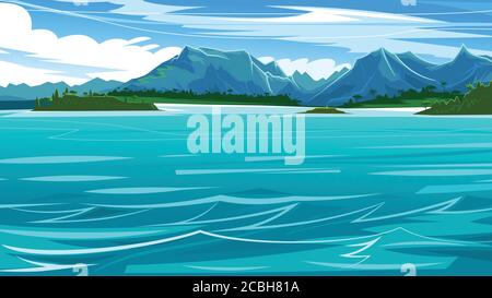 Ocean view of the waterline. Seashore with mountains, jungles and beaches. Horizon. Blue water surface, calm azure waves. Vector background Stock Vector