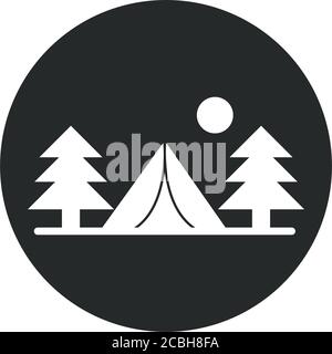 camping tent pine trees sun landscape block and flat icon vector illustration Stock Vector