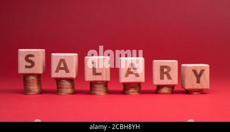 Salary word made with wooden blocks with stacked coins: Salary reduction Stock Photo