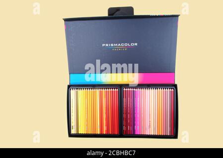 WETZLAR, GERMANY 2020-06-15: PRISMACOLOR Colored Pencils in a cardboard box. 1938 Eagle Pencil Company launches Eagle Prismacolor Colored Pencils Stock Photo