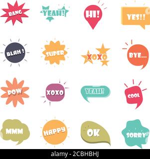 slang bubbles different words and phrases in multicolor cartoon, bang yes sorry yeah flat icons set vector illustration Stock Vector