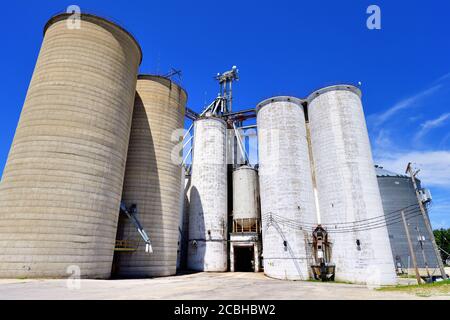 Watseka, Illinois, USA. Old grain elevators straddling a double track railroad mainline in a small north central Illinois community. Stock Photo