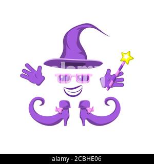 set of witch hat glasses gloves boots wand magic smile on a white isolated background. Vector image Stock Vector