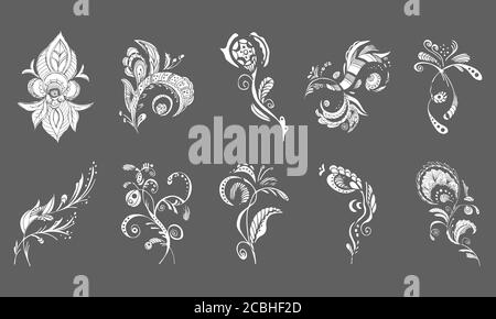 Big Abstract vector collection of 10 hand drawn tropical flowers. Floral set in sketch style. Summer background with tropical flower collection for tr Stock Vector